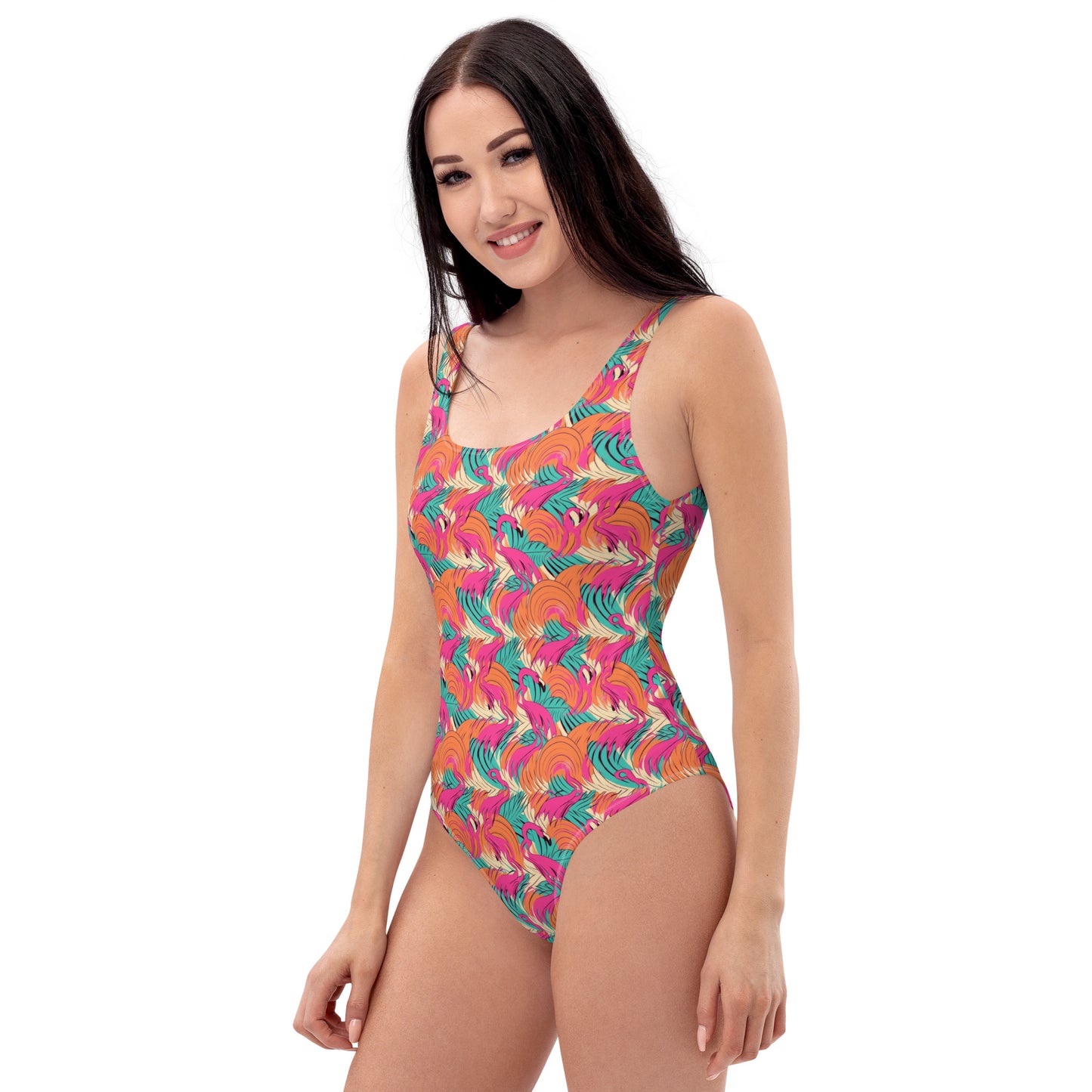 Turquoise and Orange Flamingo Animal Print One-Piece Swimsuit