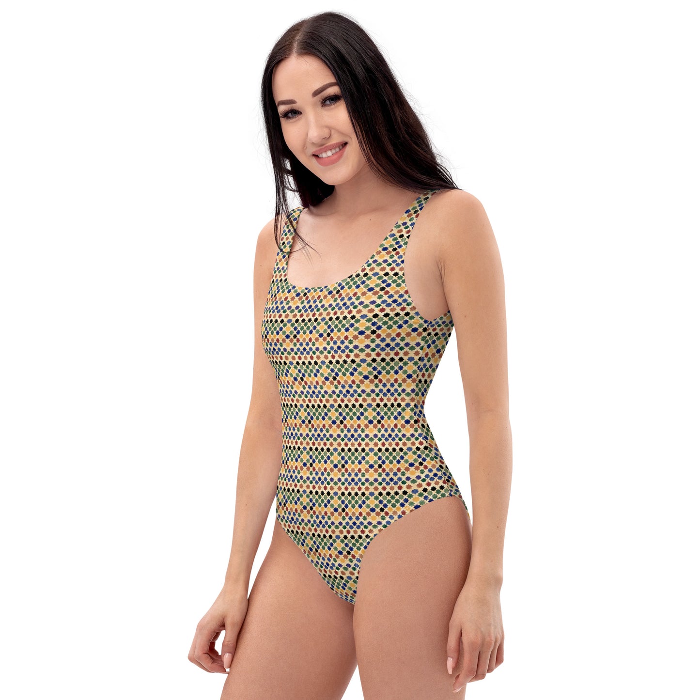 Moroccan Green and Yellow Mosaic Tiles Print One-Piece Swimsuit