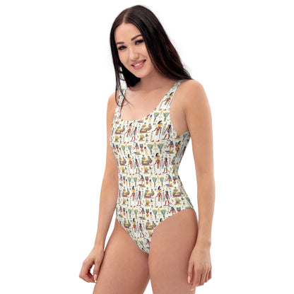 Egyptian Beige and Red Print One-Piece Swimsuit