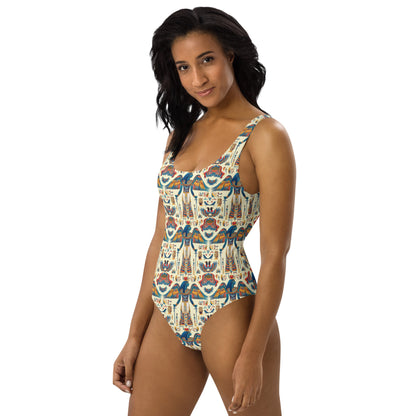 Egyptian Blue God Print One-Piece Swimsuit