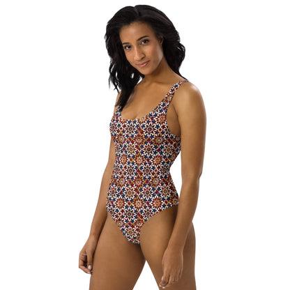 Moroccan Burgundy Tile Print One-Piece Swimsuit