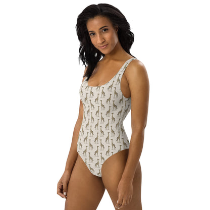 African Beige Giraffe Print One-Piece Swimsuit