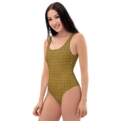 Black And Yellow Dot Fur Animal Print One-Piece Swimsuit