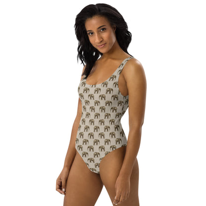 African Beige Elephant Print One-Piece Swimsuit