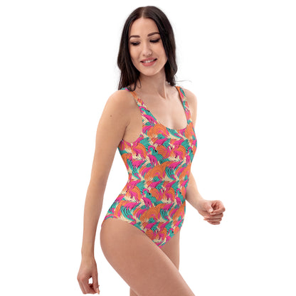 Turquoise and Orange Flamingo Animal Print One-Piece Swimsuit