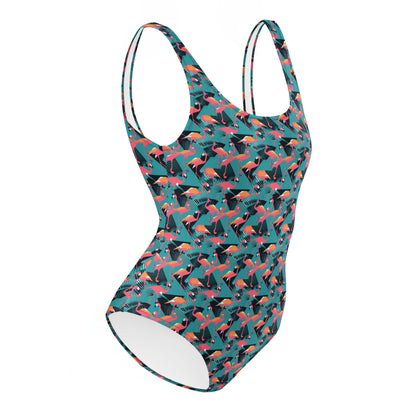 90's Flamingo Animal Print One-Piece Swimsuit