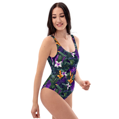 Purple Flower Jungle Print One-Piece Swimsuit