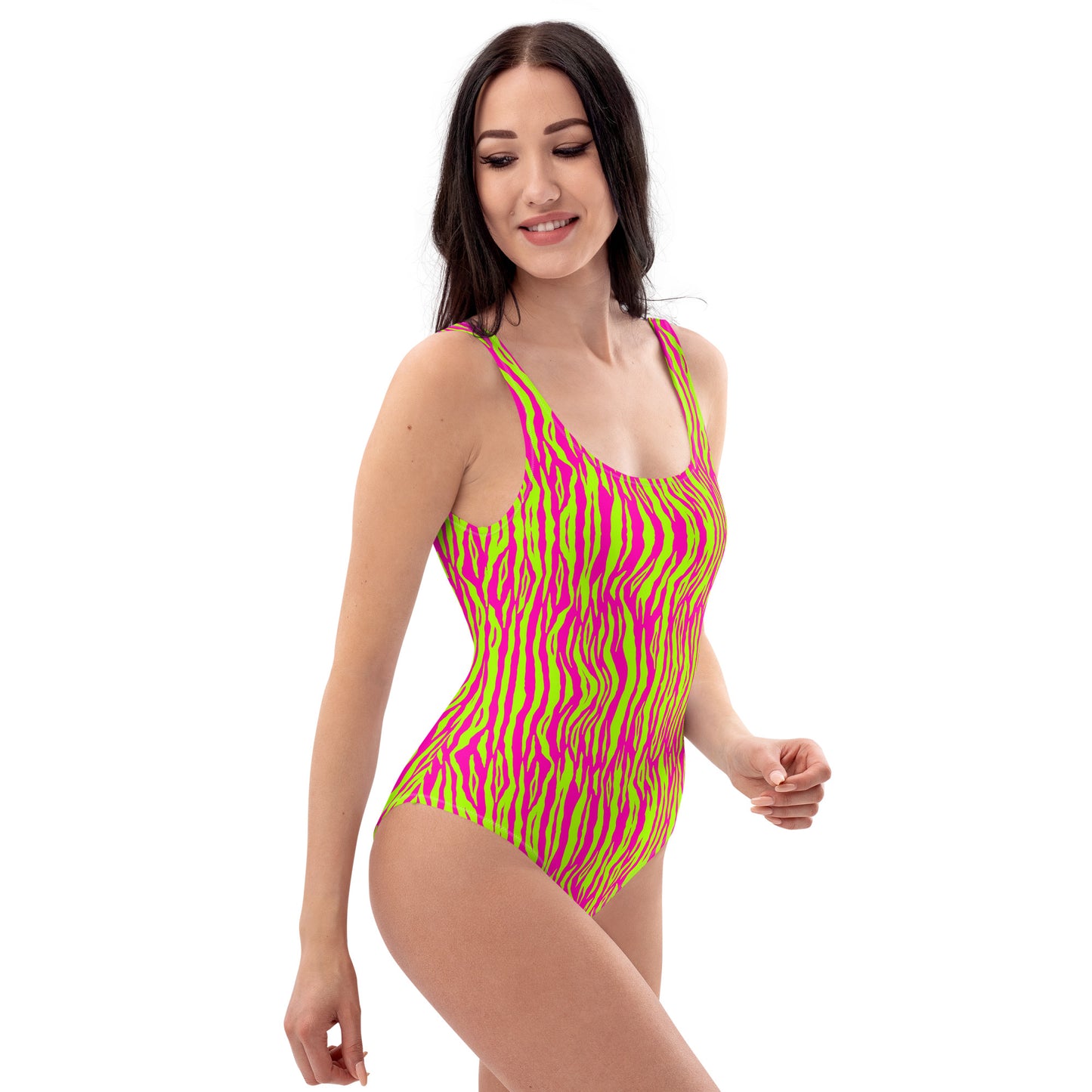 Fuchsia And Green Tiger Animal Print One-Piece Swimsuit