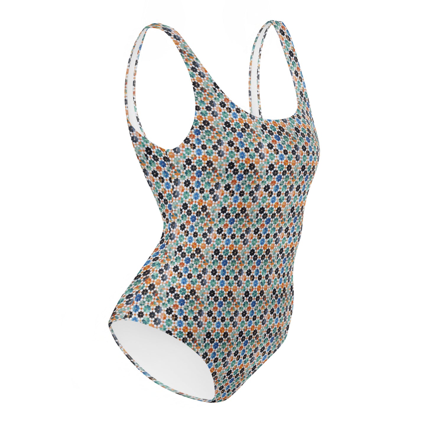 Moroccan Orange and Green Mosaic Tiles One-Piece Swimsuit