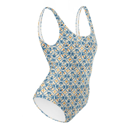 Vintage Portugal Blue and Yellow Mosaic Tile Print One-Piece Swimsuit