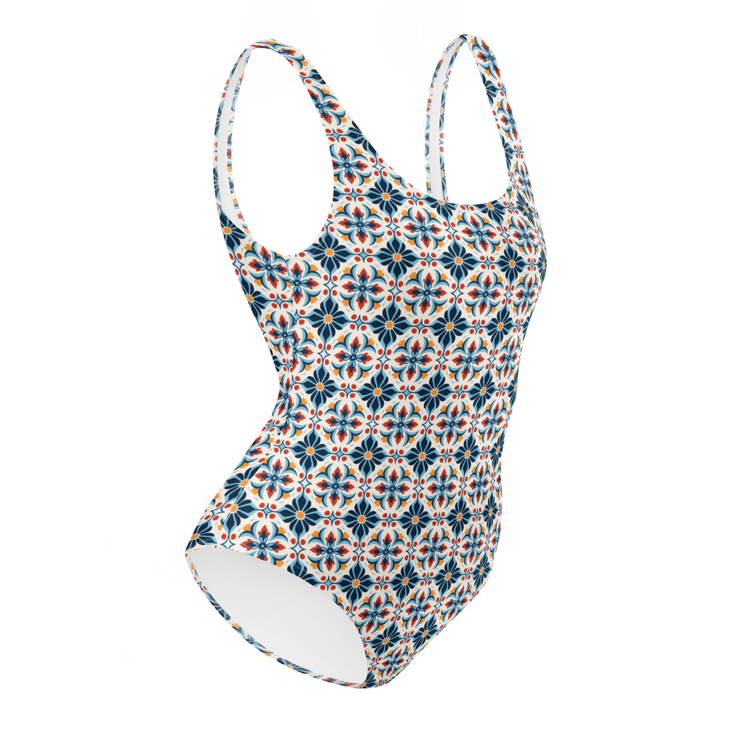 Portuguese Red and Blue Mosaic Tile Print One-Piece Swimsuit