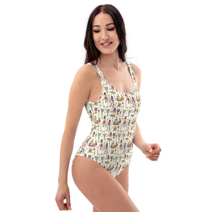 Egyptian Beige and Red Print One-Piece Swimsuit