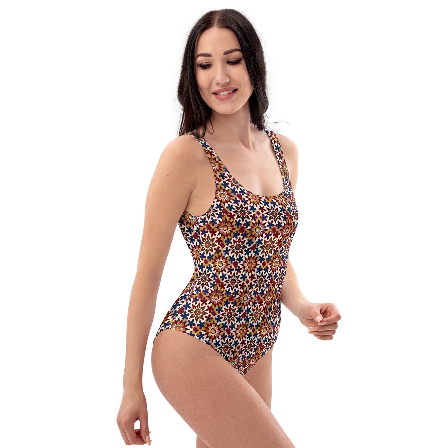 Moroccan Burgundy Tile Print One-Piece Swimsuit