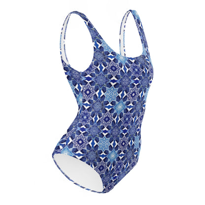 Moroccan White And Blue Tile Print One-Piece Swimsuit