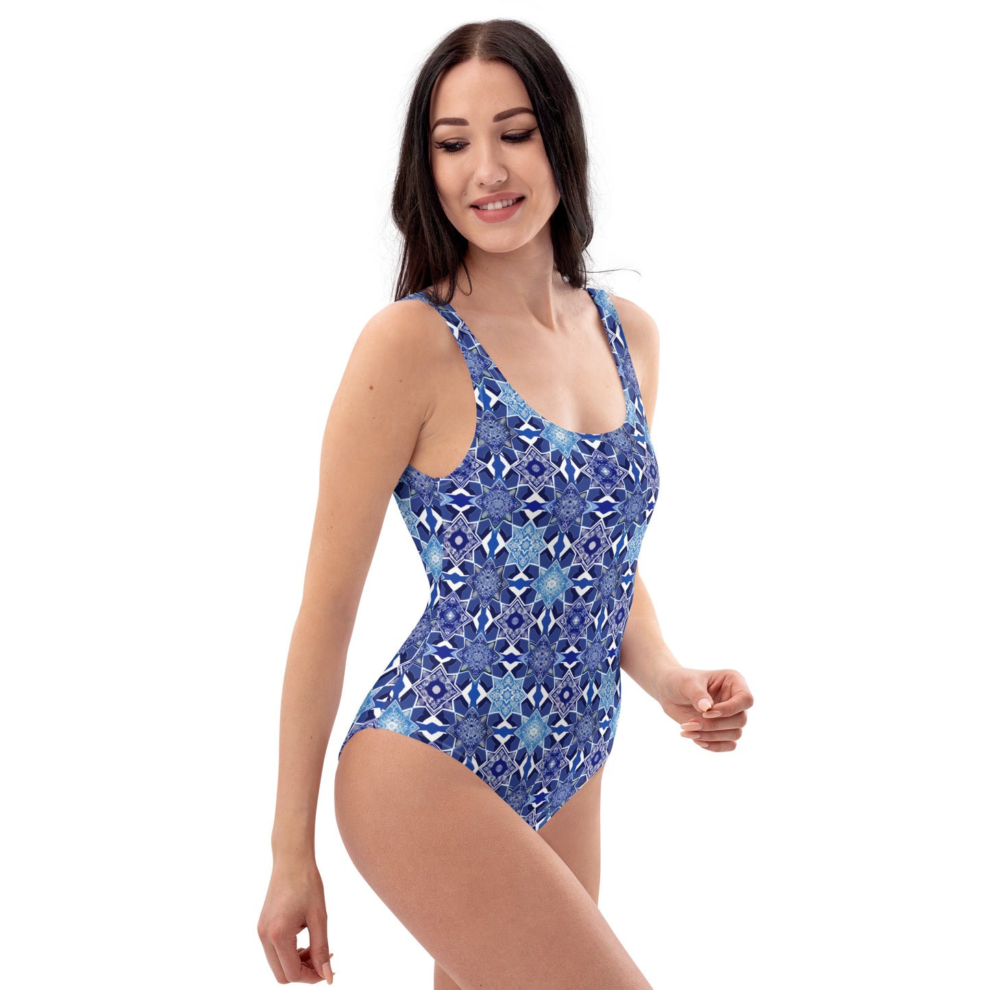 Moroccan White And Blue Tile Print One-Piece Swimsuit