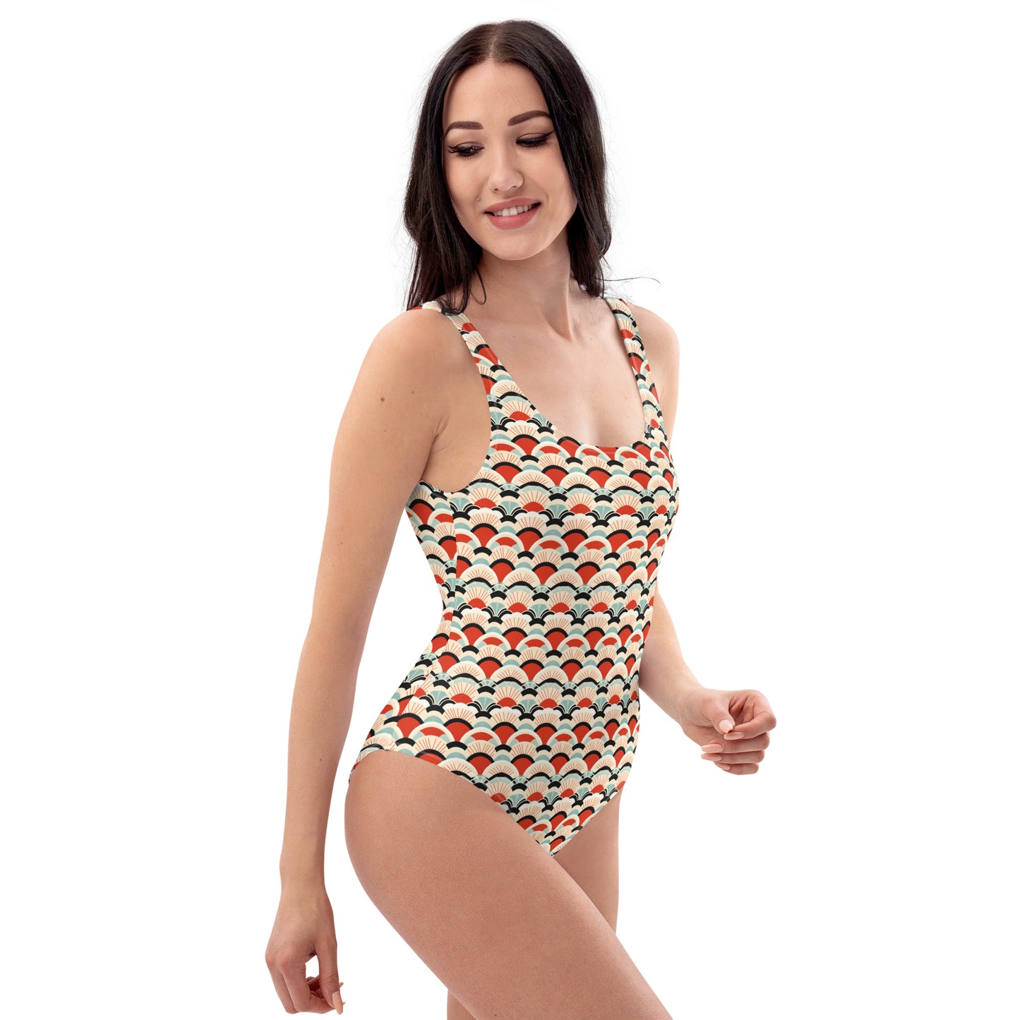 Japanese Red and Turquoise Print One-Piece Swimsuit