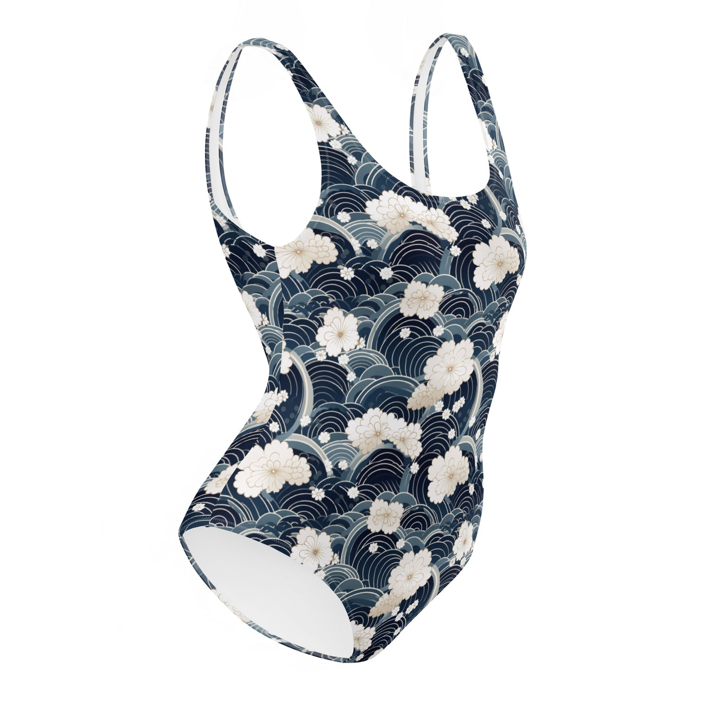 Japanese White And Blue Cloud Print One-Piece Swimsuit