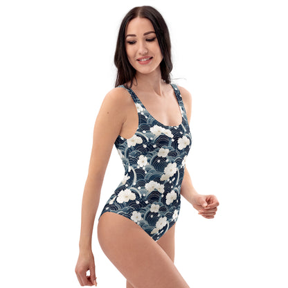 Japanese White And Blue Cloud Print One-Piece Swimsuit