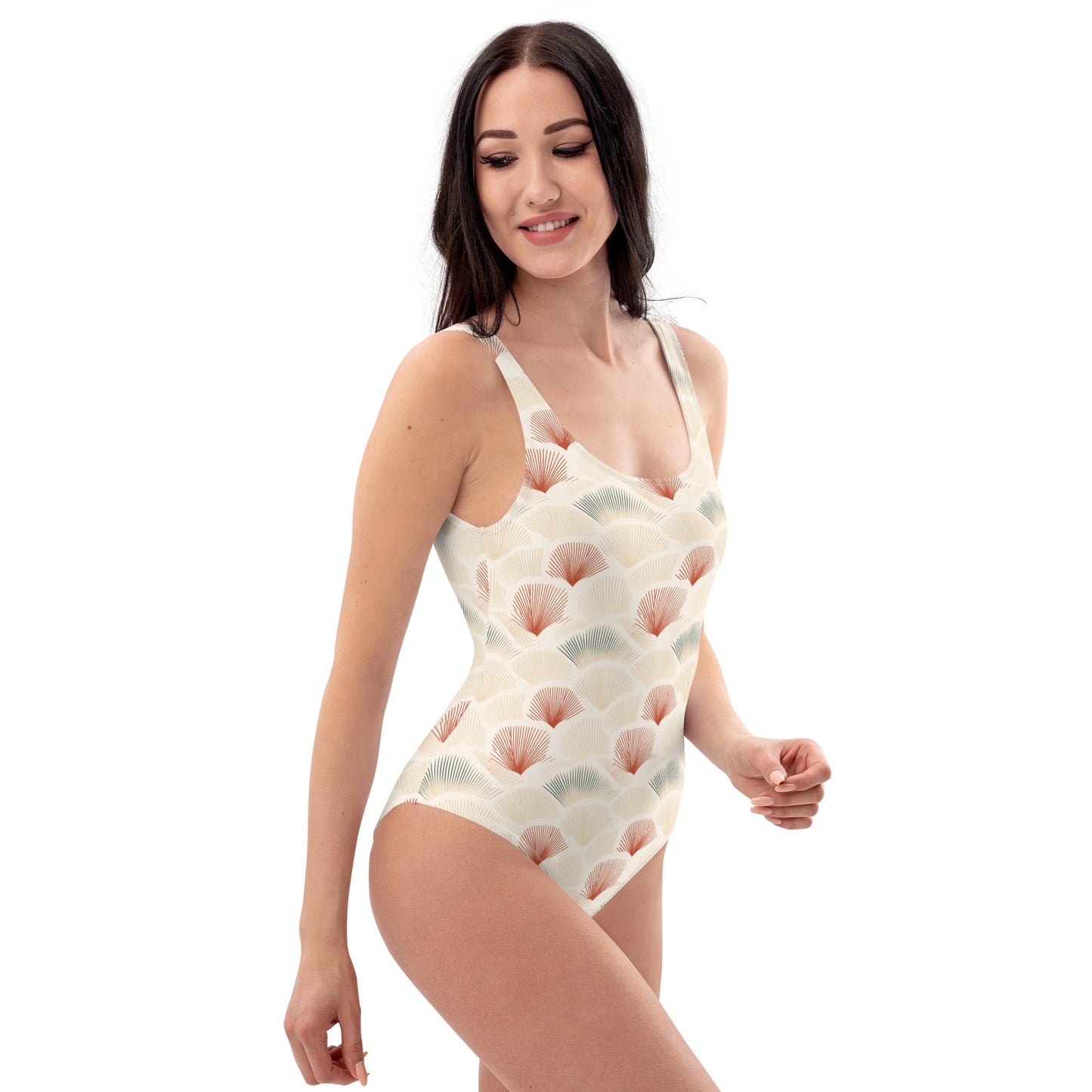 Japanese Red and Beige Fish Skin Print One-Piece Swimsuit