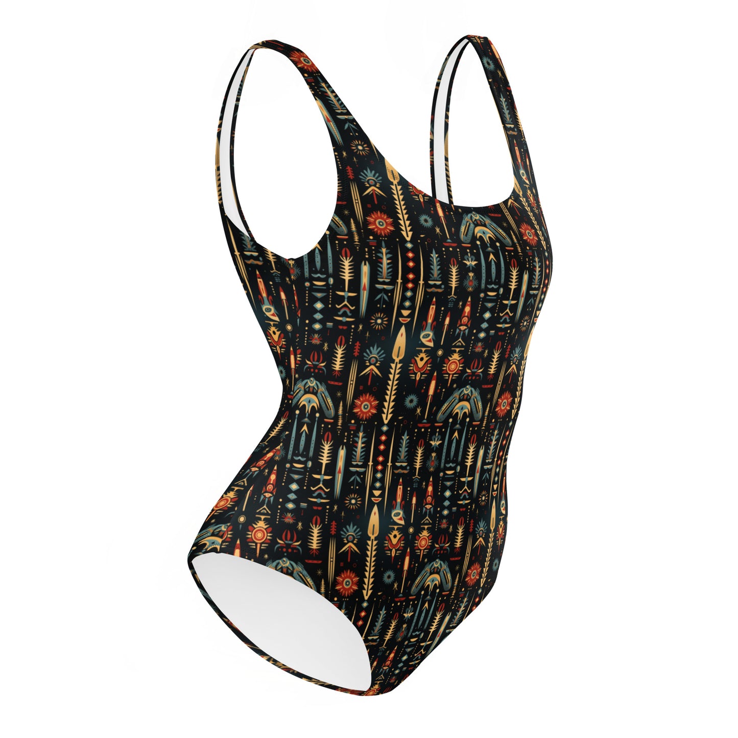 Native American Black And Yellow Print One-Piece Swimsuit