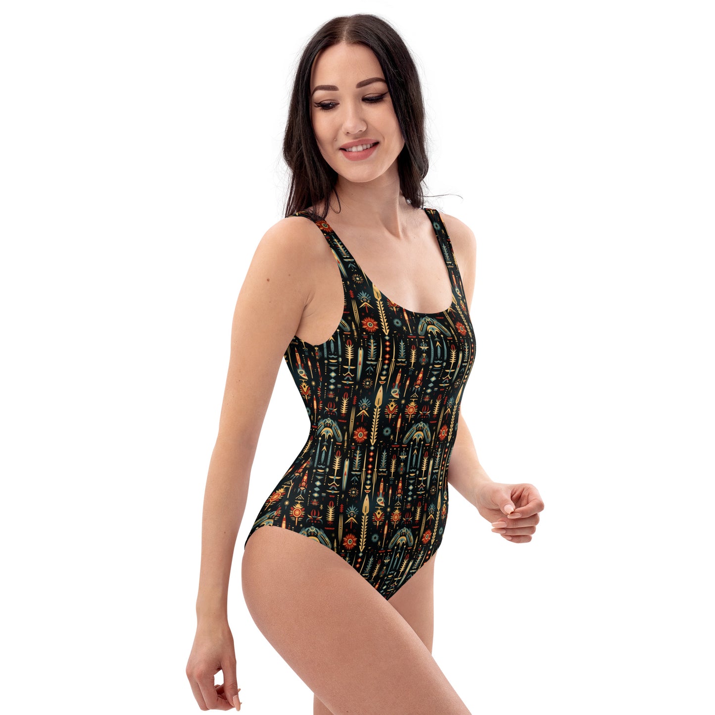 Native American Black And Yellow Print One-Piece Swimsuit