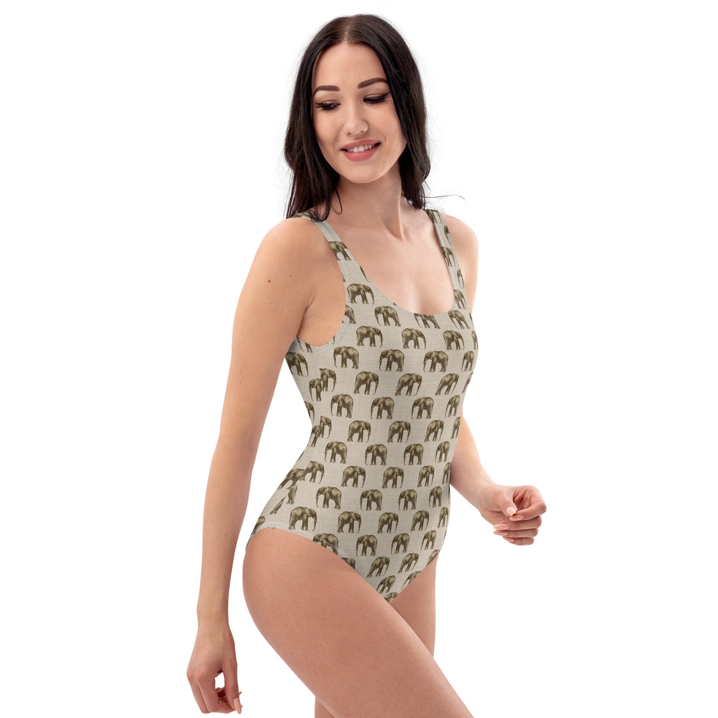 African Beige Elephant Print One-Piece Swimsuit