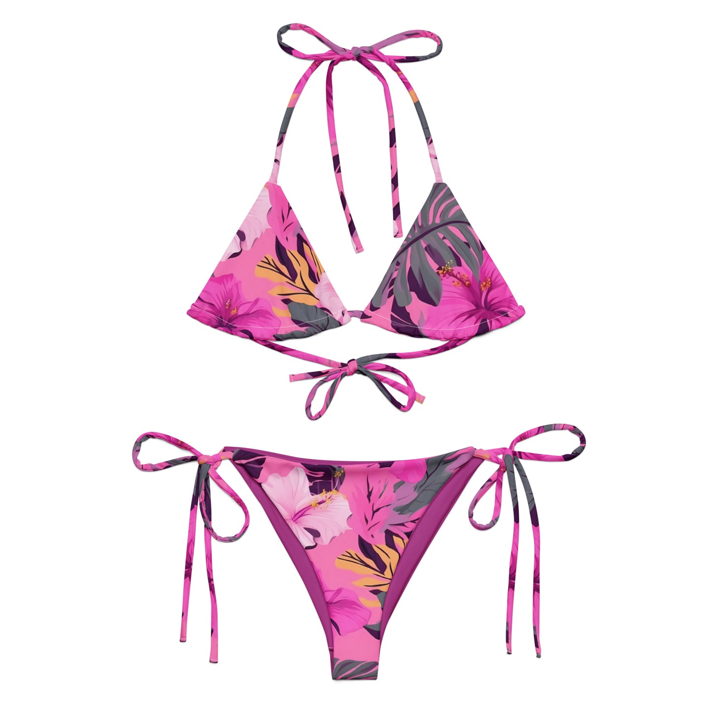 Pink And Purple Hibiscus Flower Print Triangle Bikini