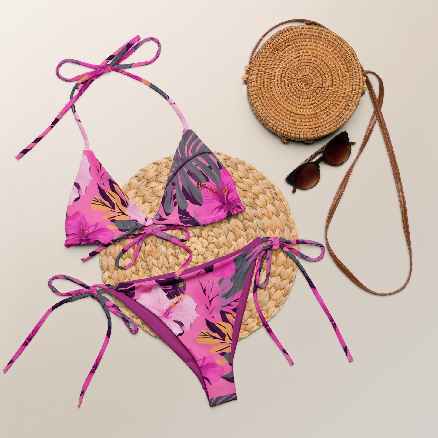 Pink And Purple Hibiscus Flower Print Triangle Bikini