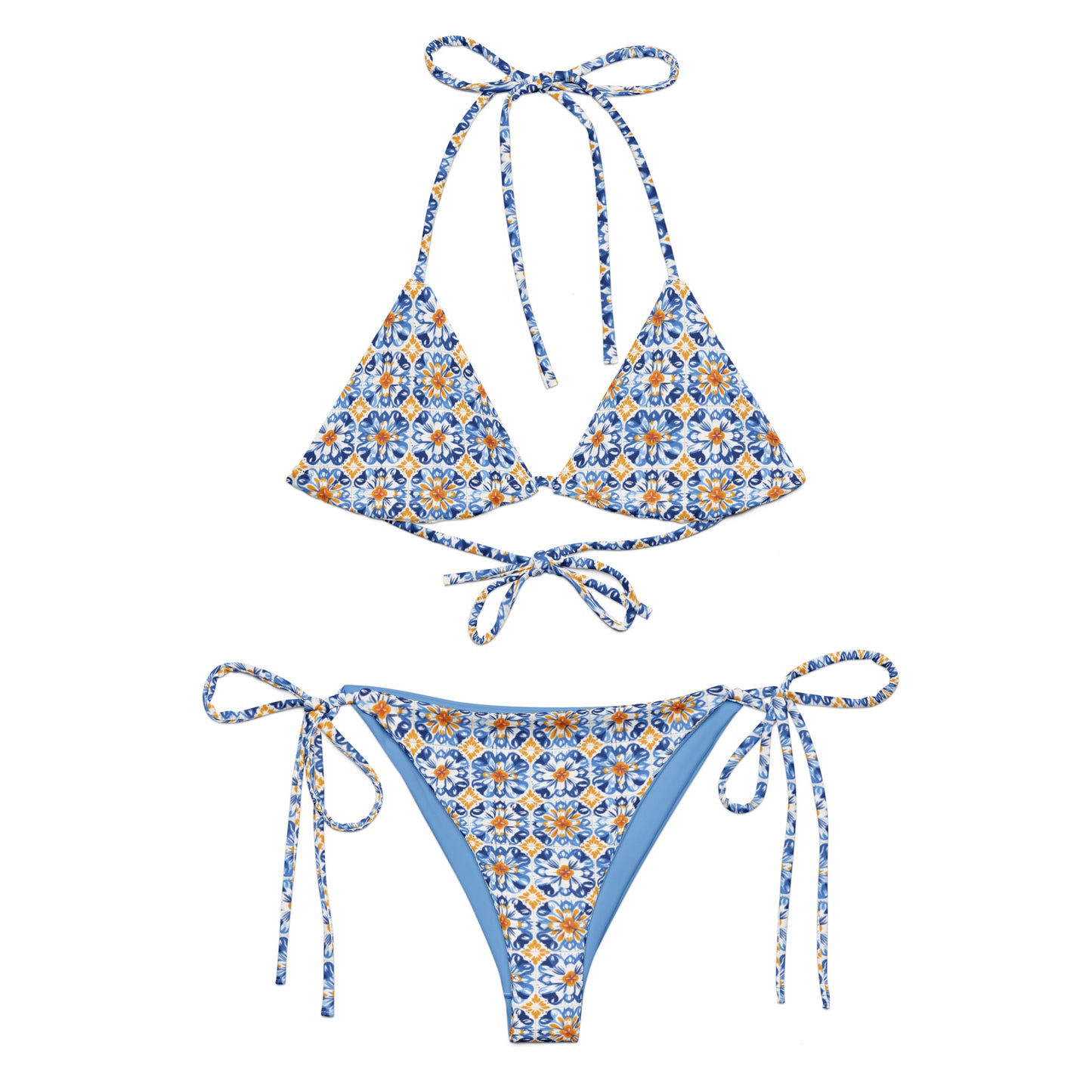 Vintage Portuguese Orange and Blue Tile Print Triangle Bikini