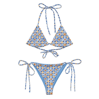 Vintage Portuguese Orange and Blue Tile Print Triangle Bikini