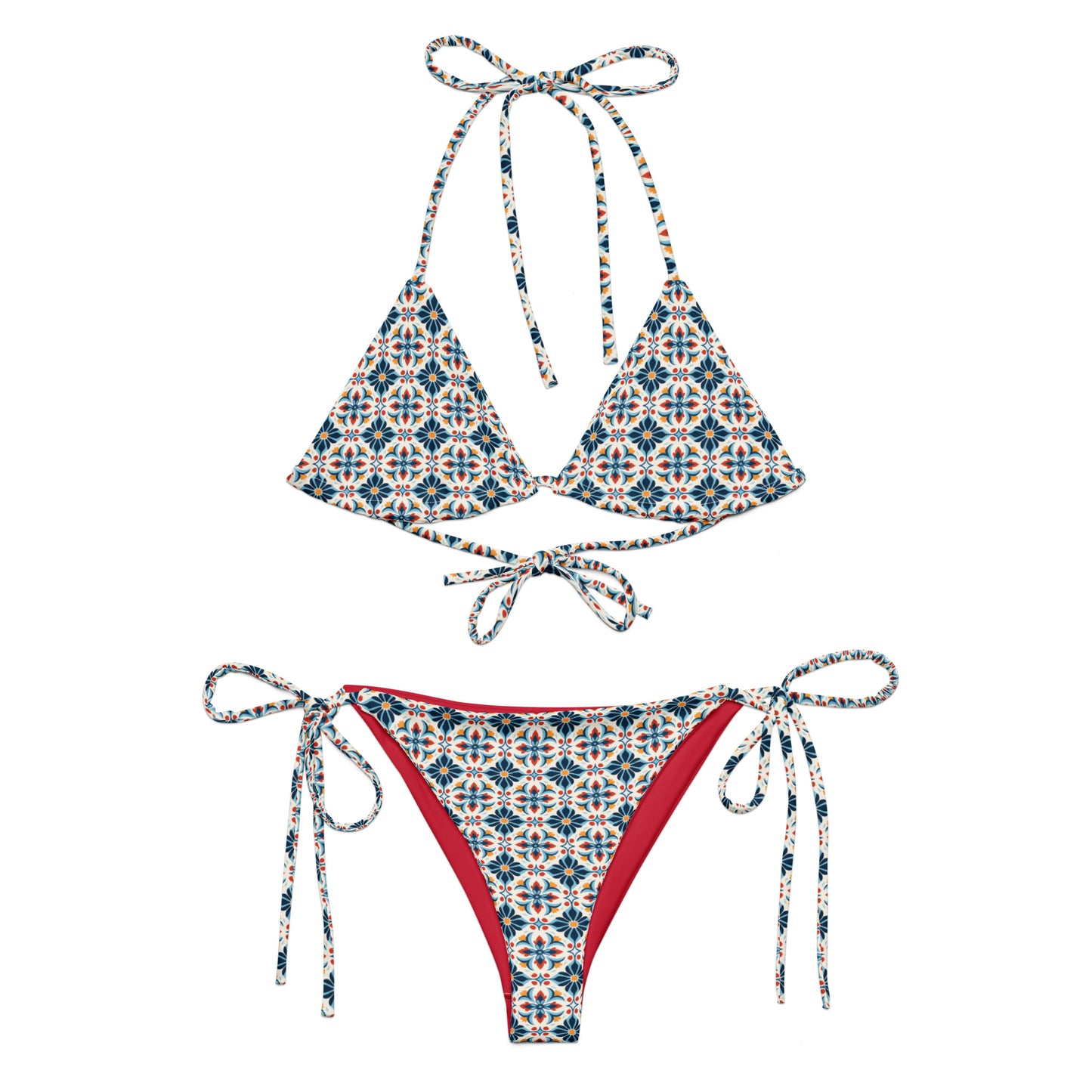 Portuguese Red and Blue Mosaic Tile Print Triangle Bikini