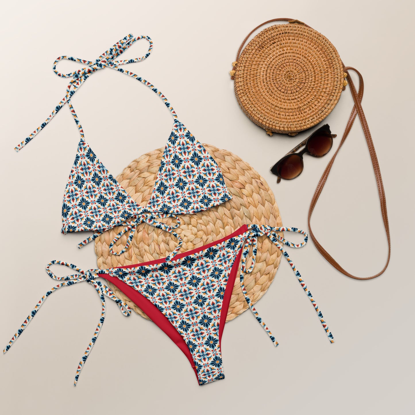 Portuguese Red and Blue Mosaic Tile Print Triangle Bikini