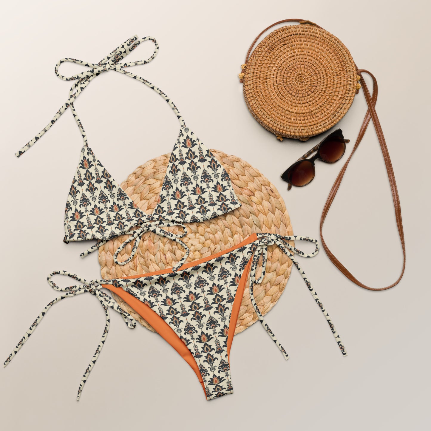 Jainism Beige and Orange Print Triangle Bikini