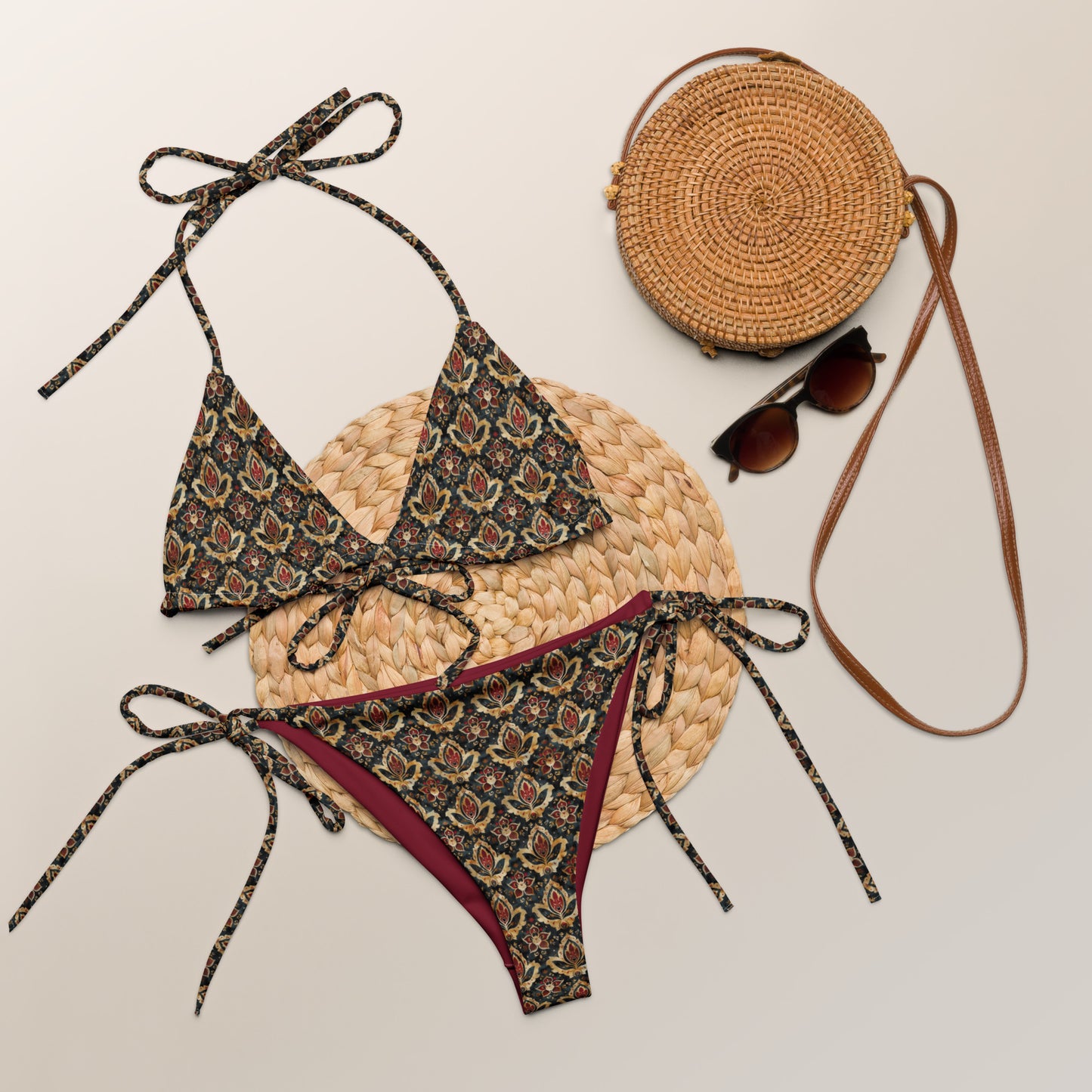 Jainism Red and Yellow Print Triangle Bikini