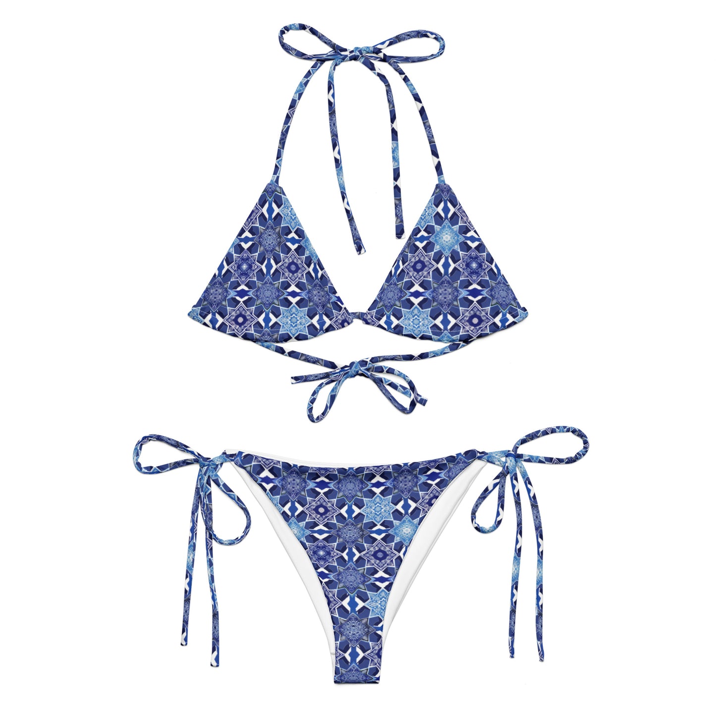 Moroccan White And Blue Tile Print Triangle Bikini