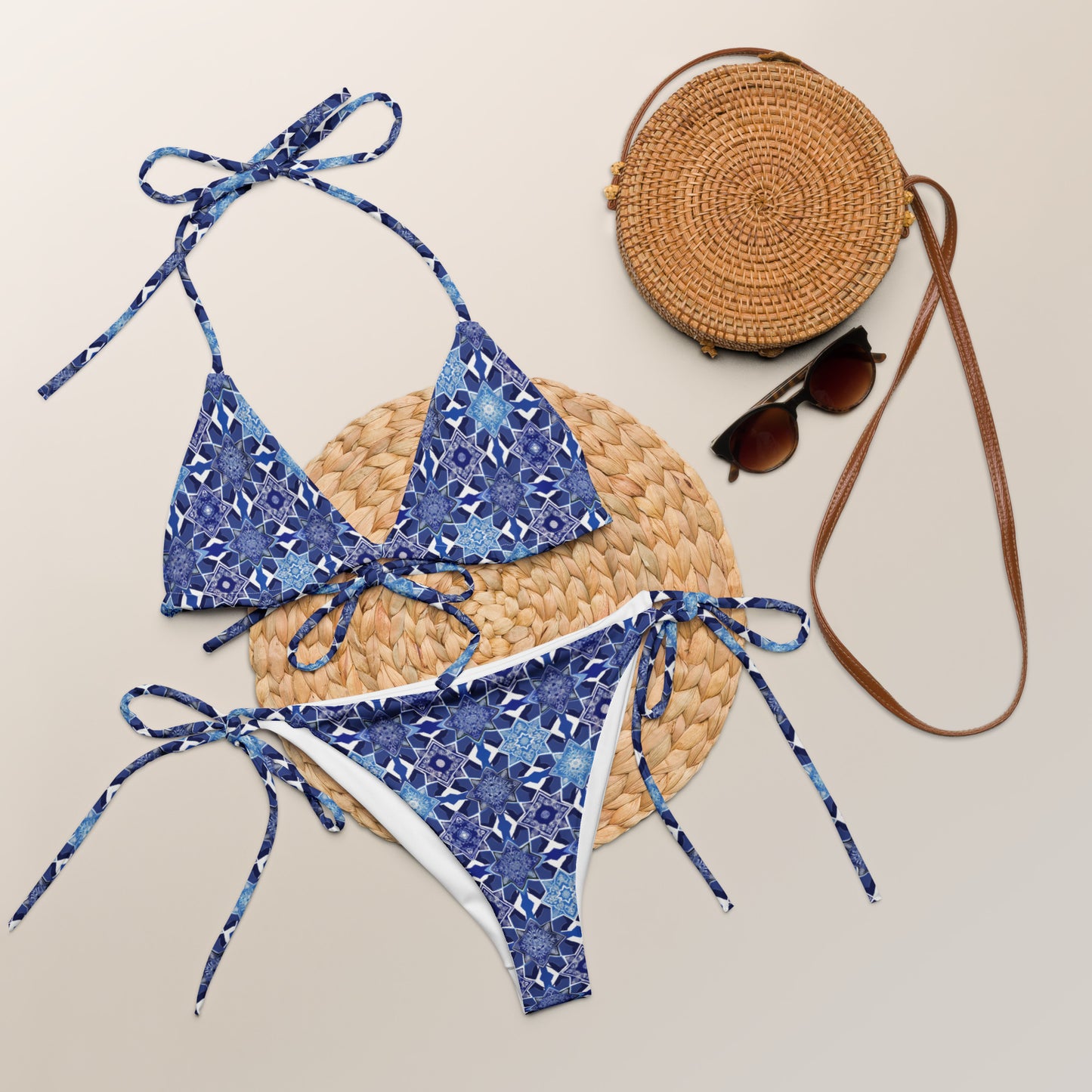 Moroccan White And Blue Tile Print Triangle Bikini