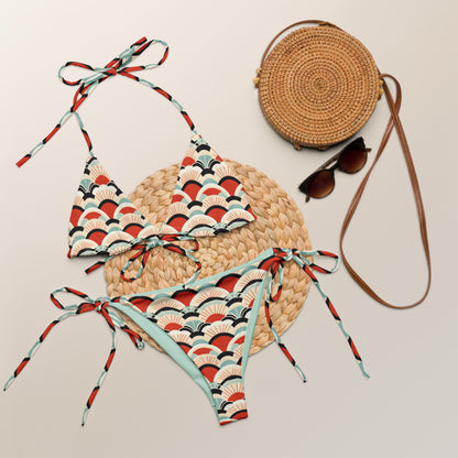 Japanese Red and Turquoise Print Triangle Bikini