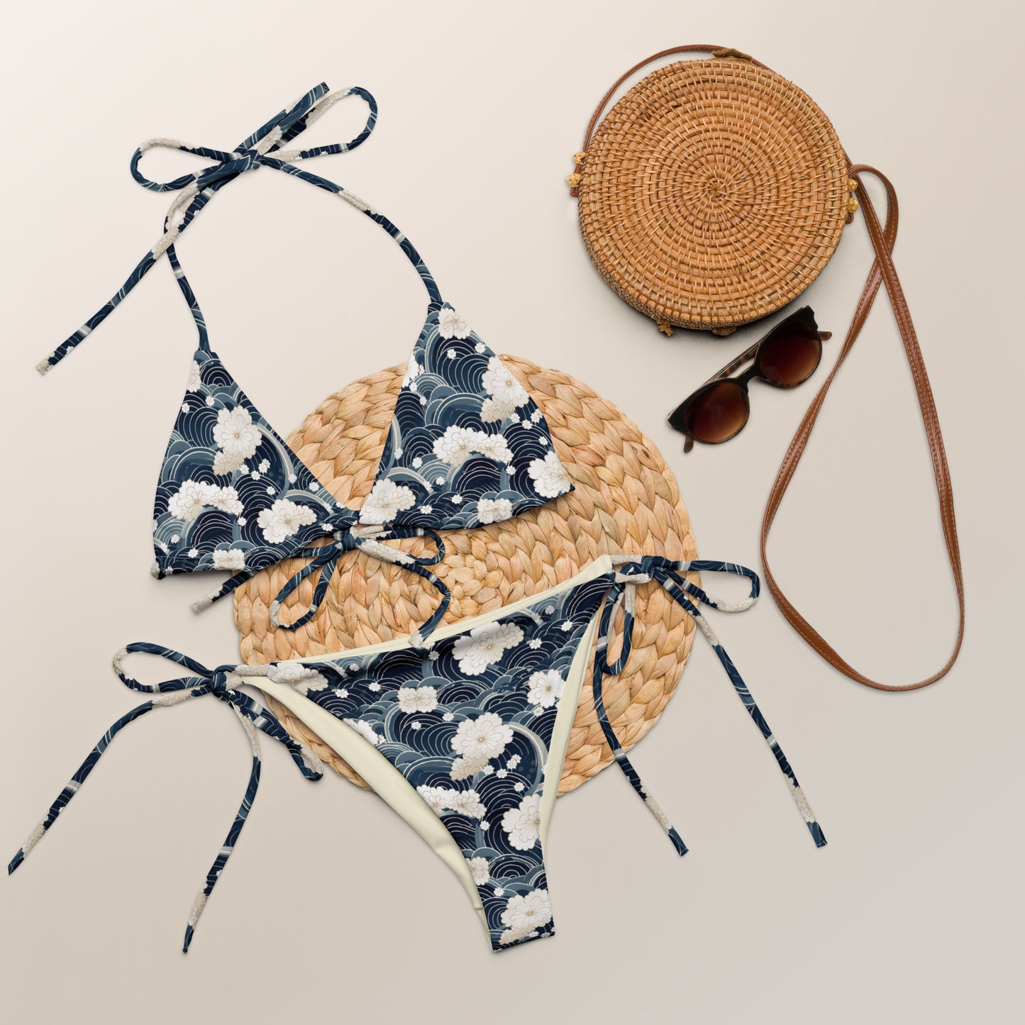 Japanese White And Blue Cloud Print Triangle Bikini