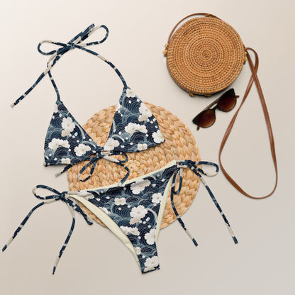 Japanese White And Blue Cloud Print Triangle Bikini