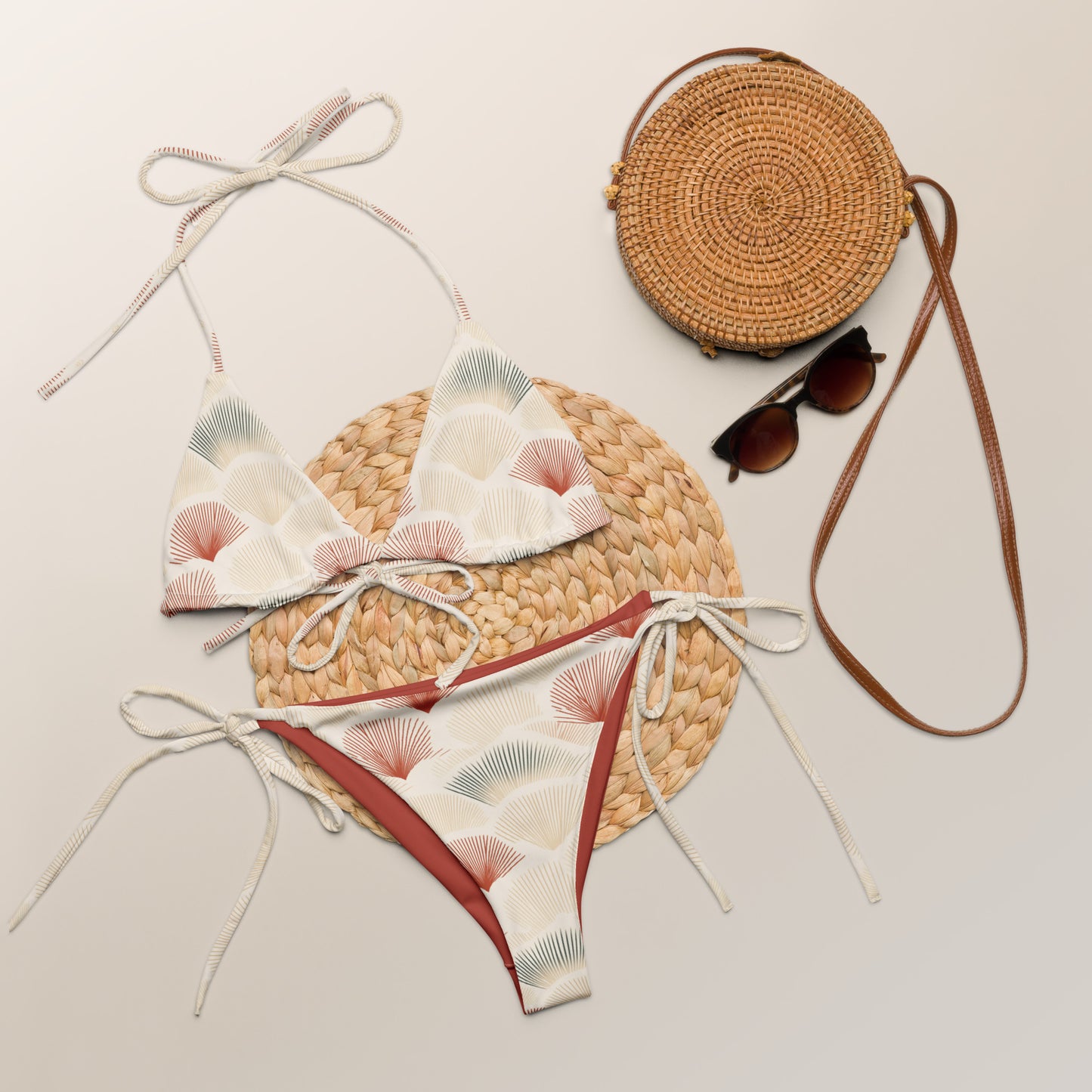 Japanese Red and Beige Fish Skin Print Triangle Bikini